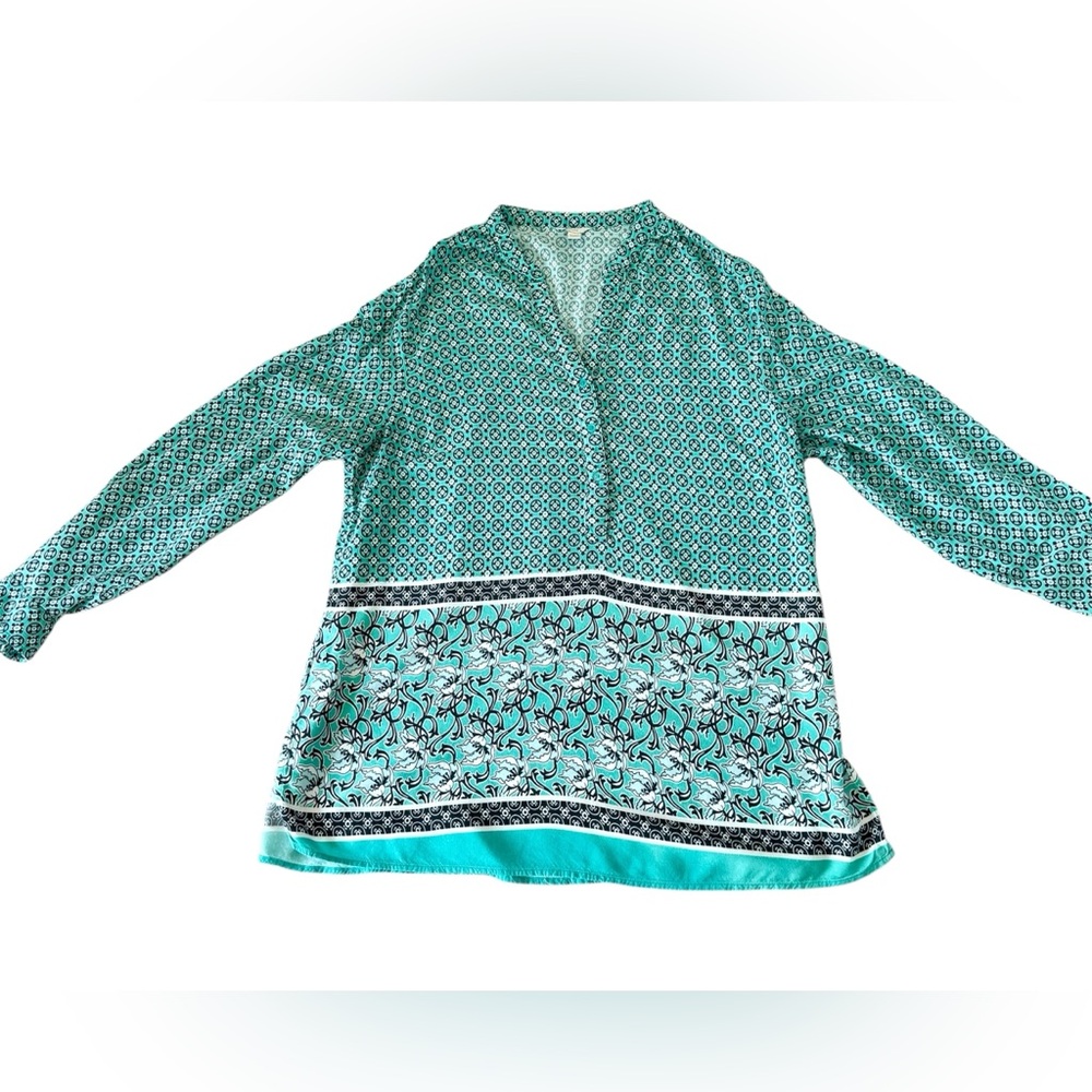 C EST.  1946 Womens Plus Size 18/20 Blue Teal Blouse Black Floral Pattern Tunic‎